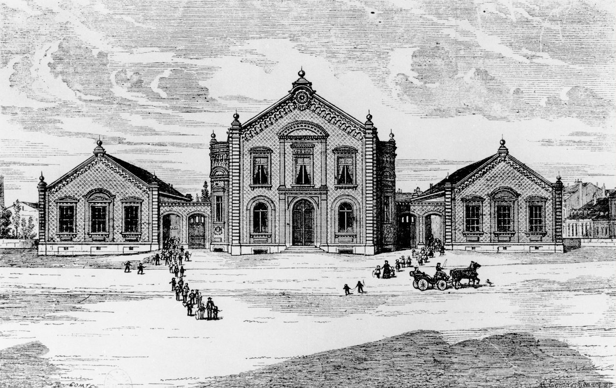 Ansicht der Schulen und des Theaters, Familisterium von Guise, aus Solutions Sociales von Jean-Baptiste Andre Godin, Paris, 1871 von French School