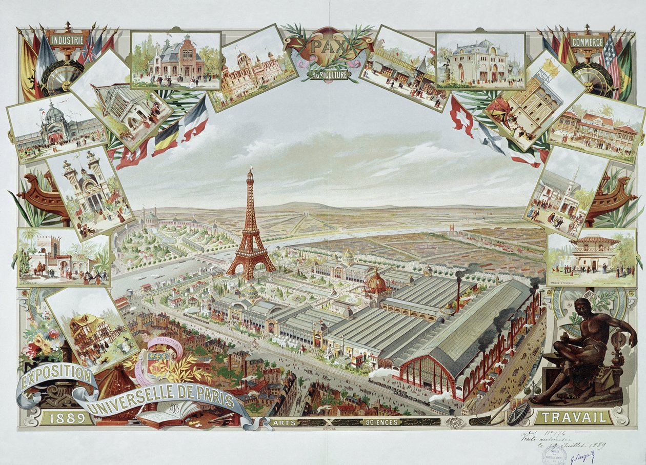 Ansicht der Weltausstellung mit den verschiedenen Pavillons und dem Eiffelturm von French School