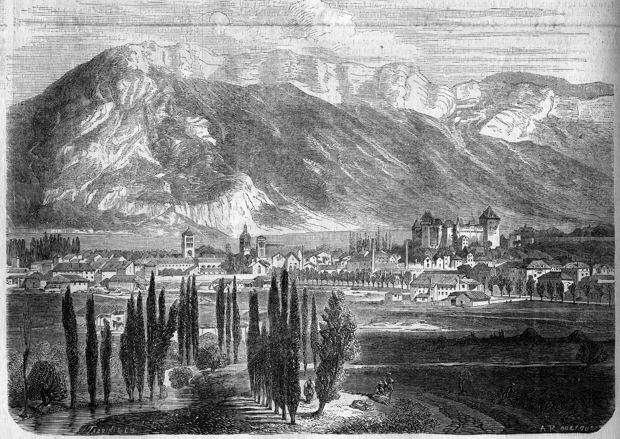 Ansicht der Stadt Annecy, aufgenommen von der Straße nach Genf. Haute Savoie (74) von French School