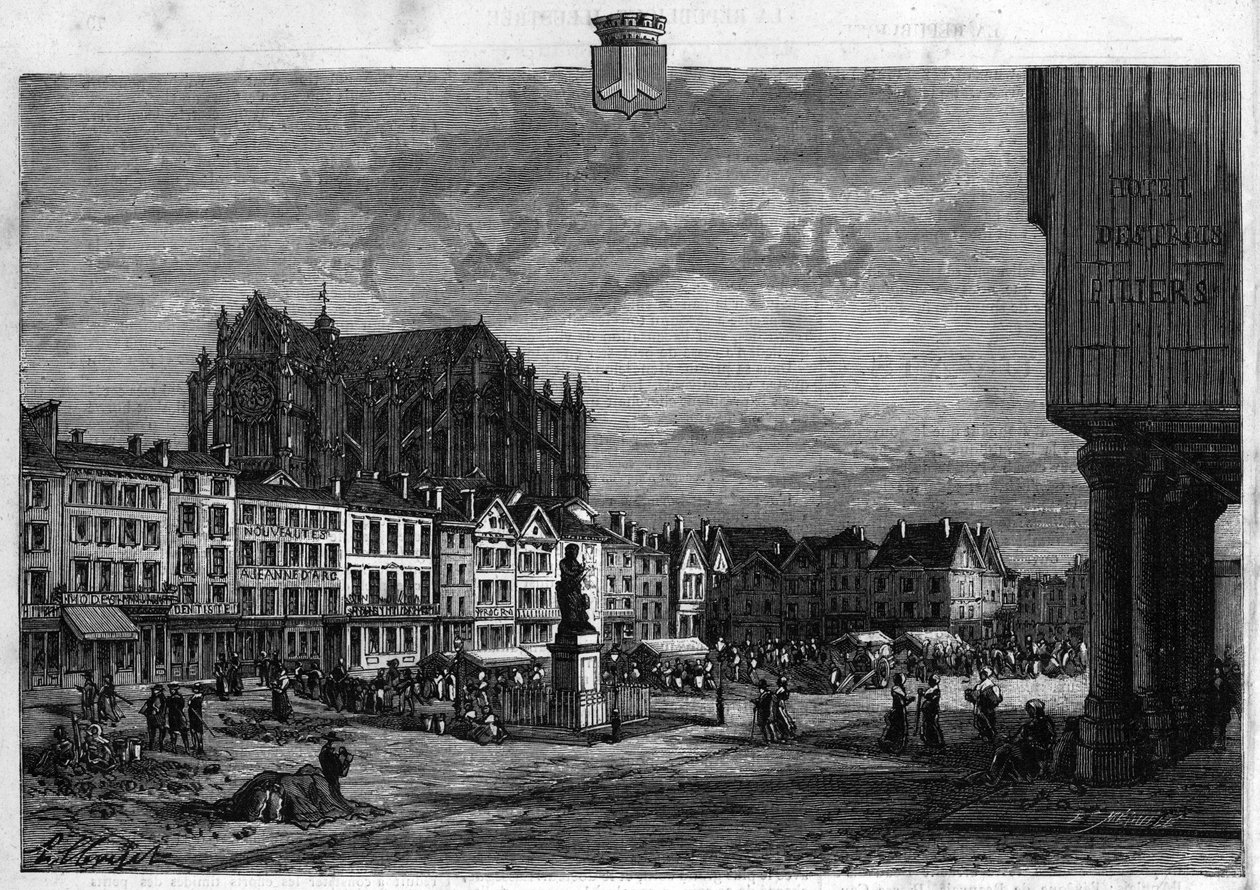 Ansicht der Stadt Beauvais in der Oise. Gravur von 1880 in „La republique illustree“ private Sammlung. von French School