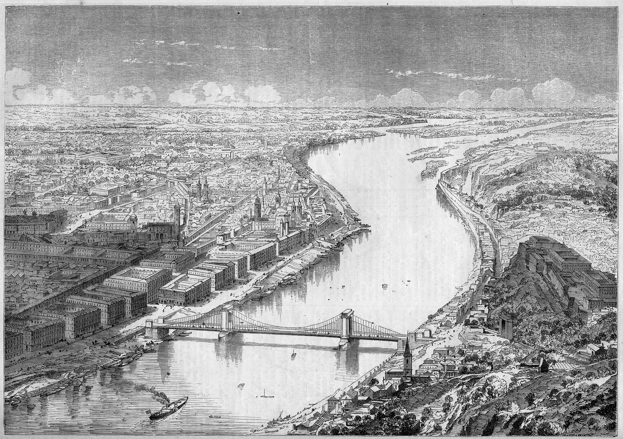 Ansichten der Stadt Pesth (Pest), Hauptstadt von Ungarn, im Jahr 1861, und der Szechenyi-Brücke oder Kettenbrücke, gebaut zwischen 1840 und 1849. Gravur in Le Monde Illustré Nr. 229 vom 31. August 1861 von French School