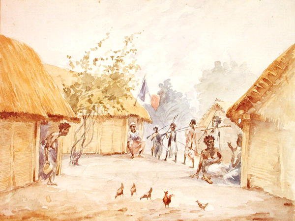 Dorf in Madagaskar zur Zeit der Eroberung durch Frankreich 1895-96 von French School
