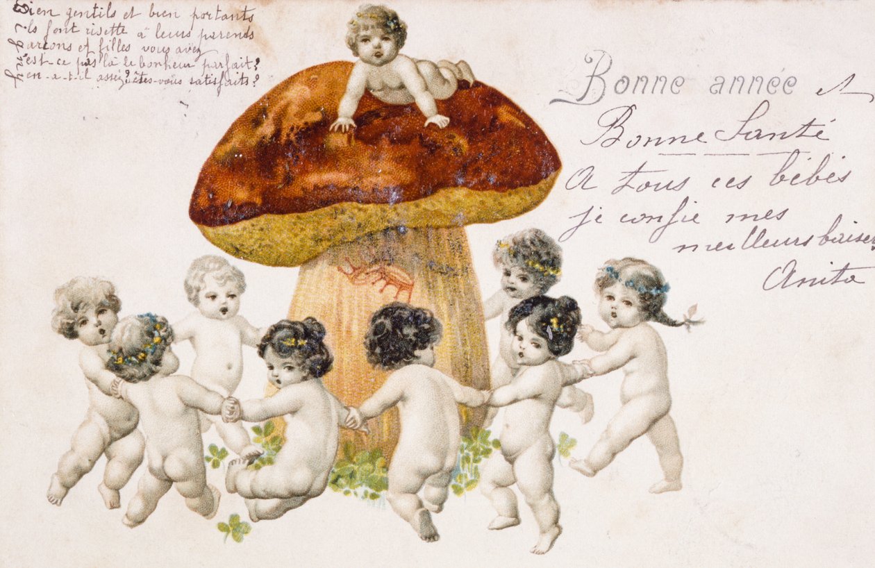 Vintage französische Postkarte mit tanzenden Kindern (Babys) um einen Pilz von French School