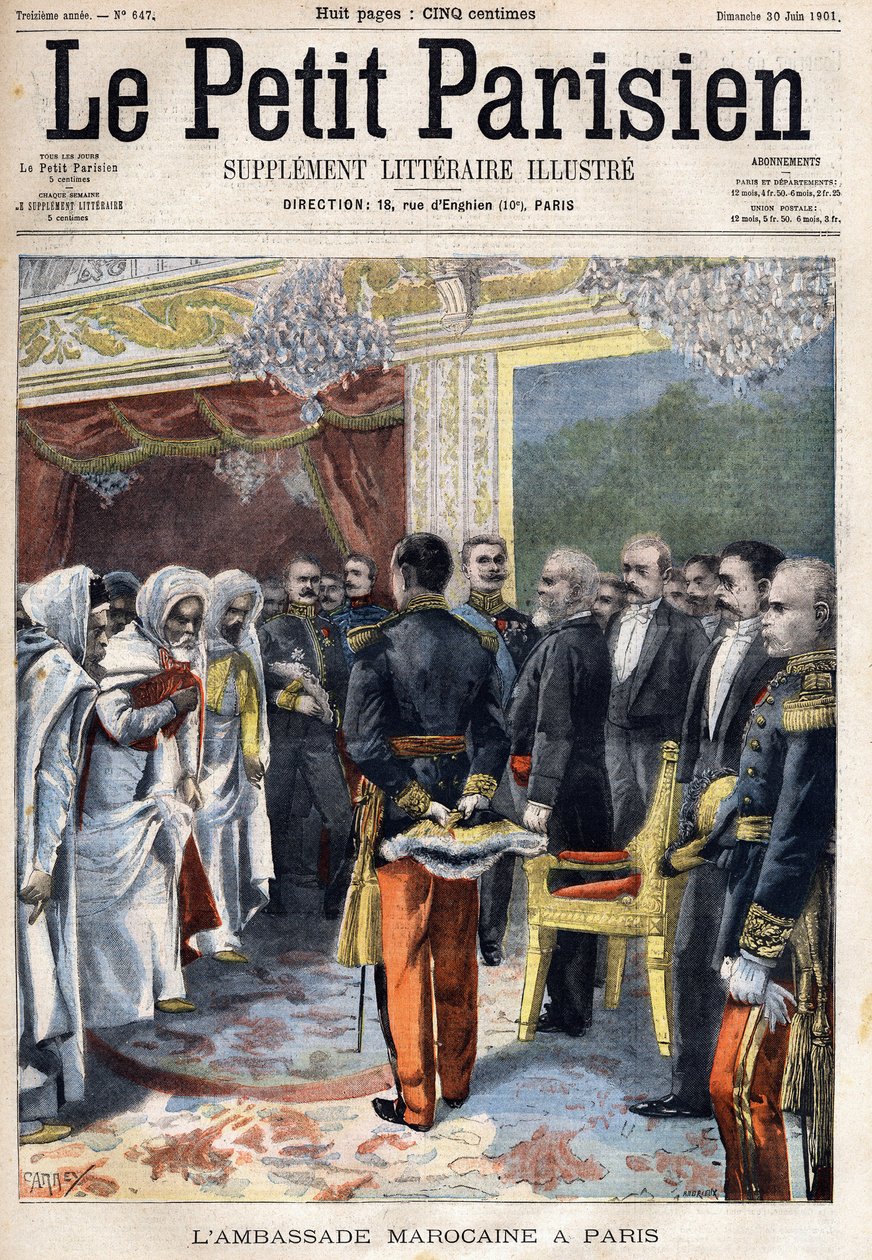 Besuch der marokkanischen Botschaft empfangen vom Präsidenten von Frankreich Emile Loubet (1838-1929) in Paris, in „Le Petit Parisien“ am 30.06.1901 (Gravur) von French School