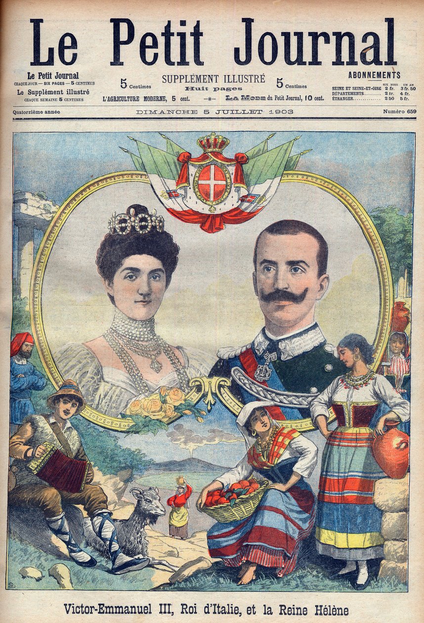 Vittorio Emanuele III. di Savoia und Elena di Savoia - König Viktor Emanuel III. und Königin Elena von Italien. Viktor Emanuel III., König von Italien, und Königin Helene. Illustration für Le Petit Journal, 5. Juli 1903. von French School