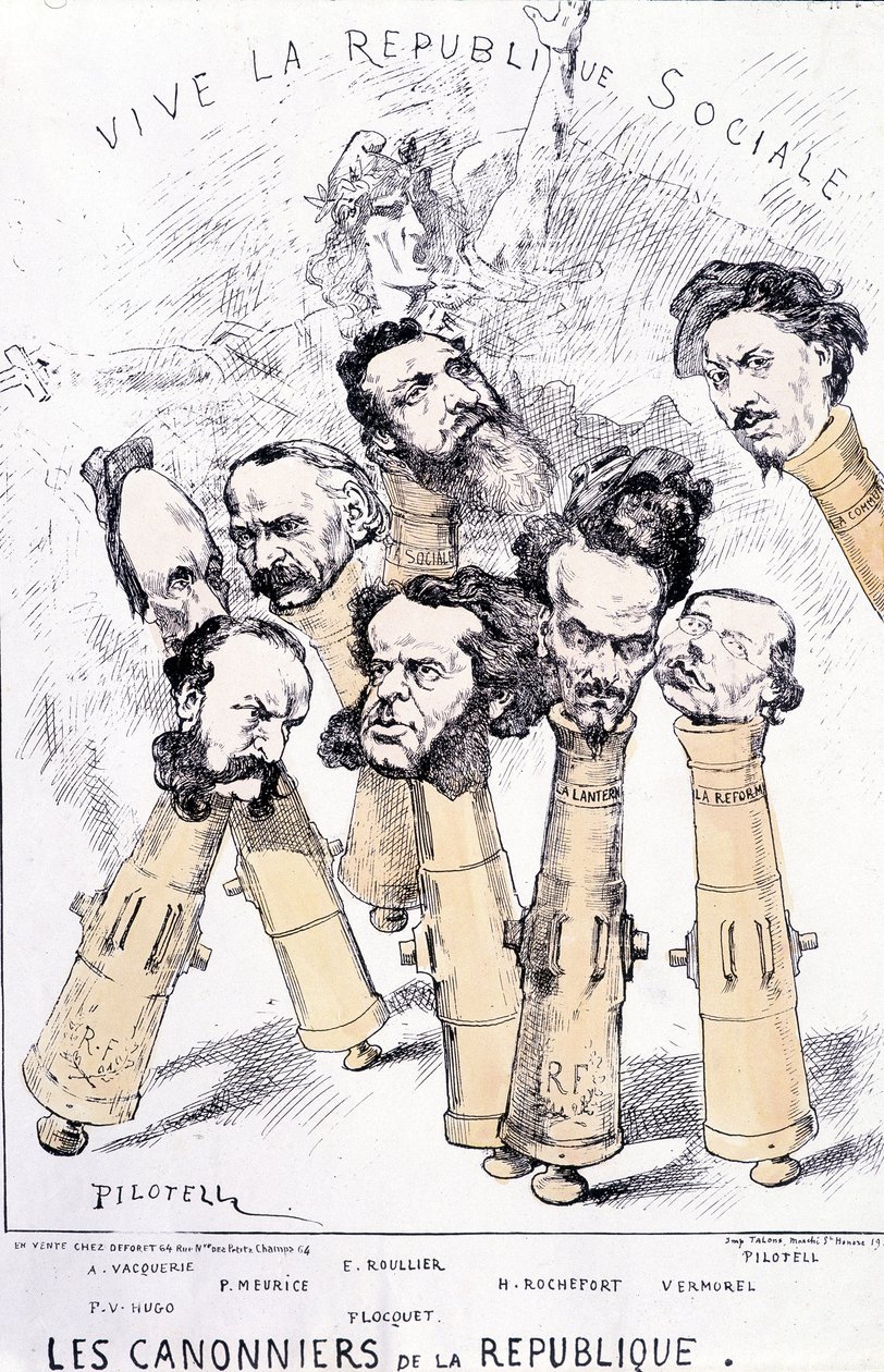 Es lebe die soziale Republik - Die Kanoniere der Republik: A. Vacquerie, F.V. Hugo, P. Meurice, E. Roullier, Flocquet, H. Rochefort, Vermorel, Pilotell. Karikatur von French School