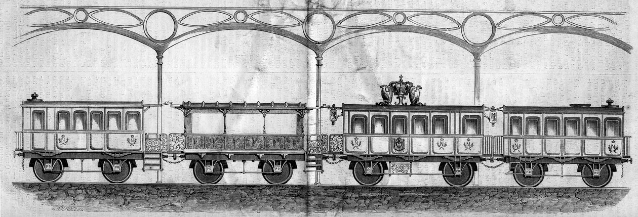 Waggons, die von Kaiser Napoleon III. (1808-1873) während der Reise von Paris nach Cherbourg im Jahr 1858 besetzt wurden. Gravur in „Le Monde Illustré“ Nr. 70 vom 14. August 1858. von French School