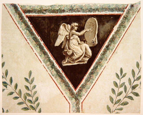 Tapetendetail, das ein Panel mit einem Engel zeigt von French School