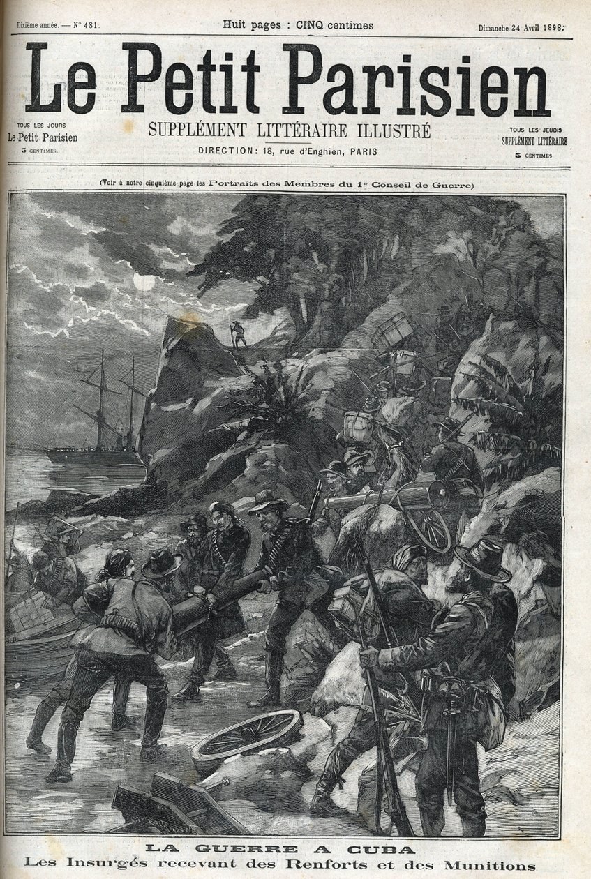 Krieg (Unabhängigkeitskrieg) in Kuba: Aufständische erhalten Verstärkungen und Munition. Die Kubaner erhoben sich 1895 gegen die spanische Herrschaft und der Krieg endete 1896 mit Hilfe der Amerikaner. „The Little Parisien“, 24.04.1898. von French School