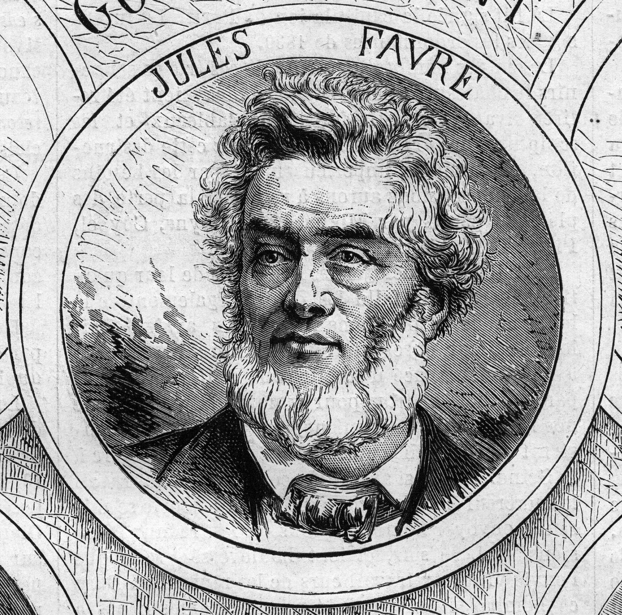 Krieg von 1870 - Regierung der Nationalen Verteidigung: Porträt von Jules Favre (1809-1880), Mitglied der provisorischen Regierung von 1870. Gravur in „Le Monde Illustré“ Nr. 706 vom 22. Oktober von French School