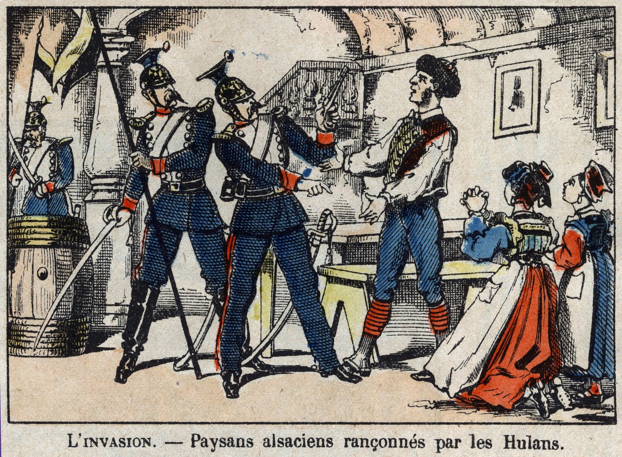 Krieg von 1870 zwischen Frankreich und Preußen: Elsässische Bauern von den Hulans (Ulanen, Houlans) erpresst. Bild von Epinal. von French School
