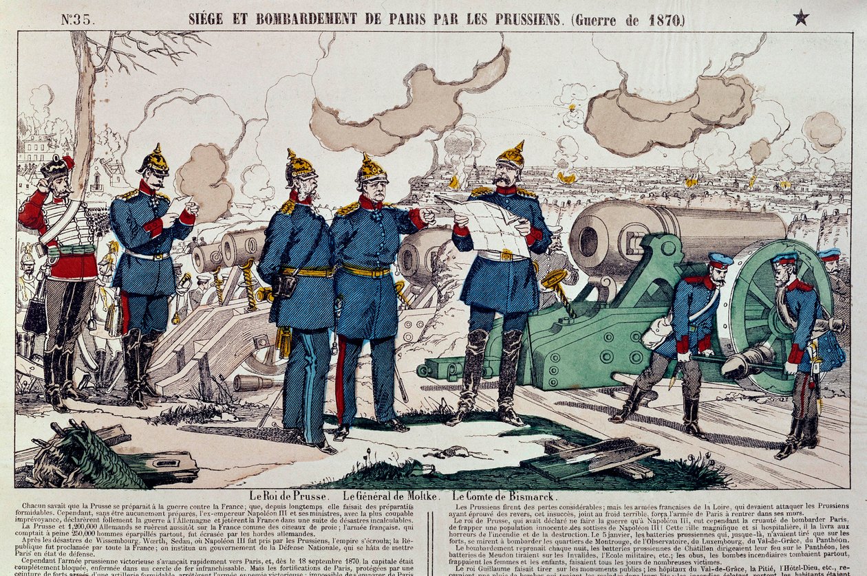 Krieg von 1870: Belagerung und Bombardierung der Stadt Paris durch die Preußen. Der preußische König Wilhelm I. (1797-1888), General Moltke (1800-1891) und Kanzler Otto von Bismarck (1815-1898) beraten sich. Gravur von 1870. Paris, Musee Carnavalet von French School
