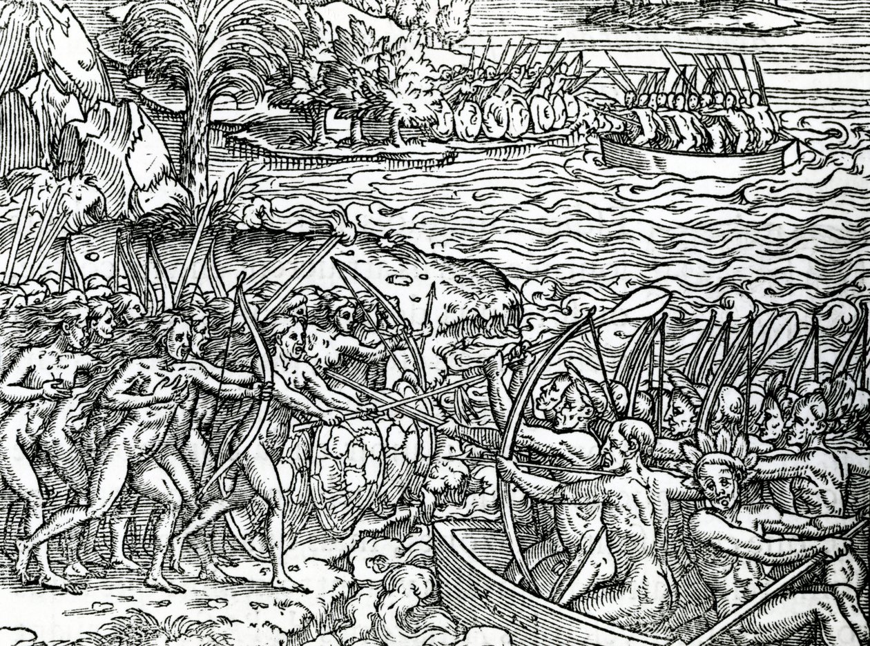 Kriegsszene, Brasilien, Illustration aus "Singularities of France Antarctique" von Andre de Thevet, 1558 von French School