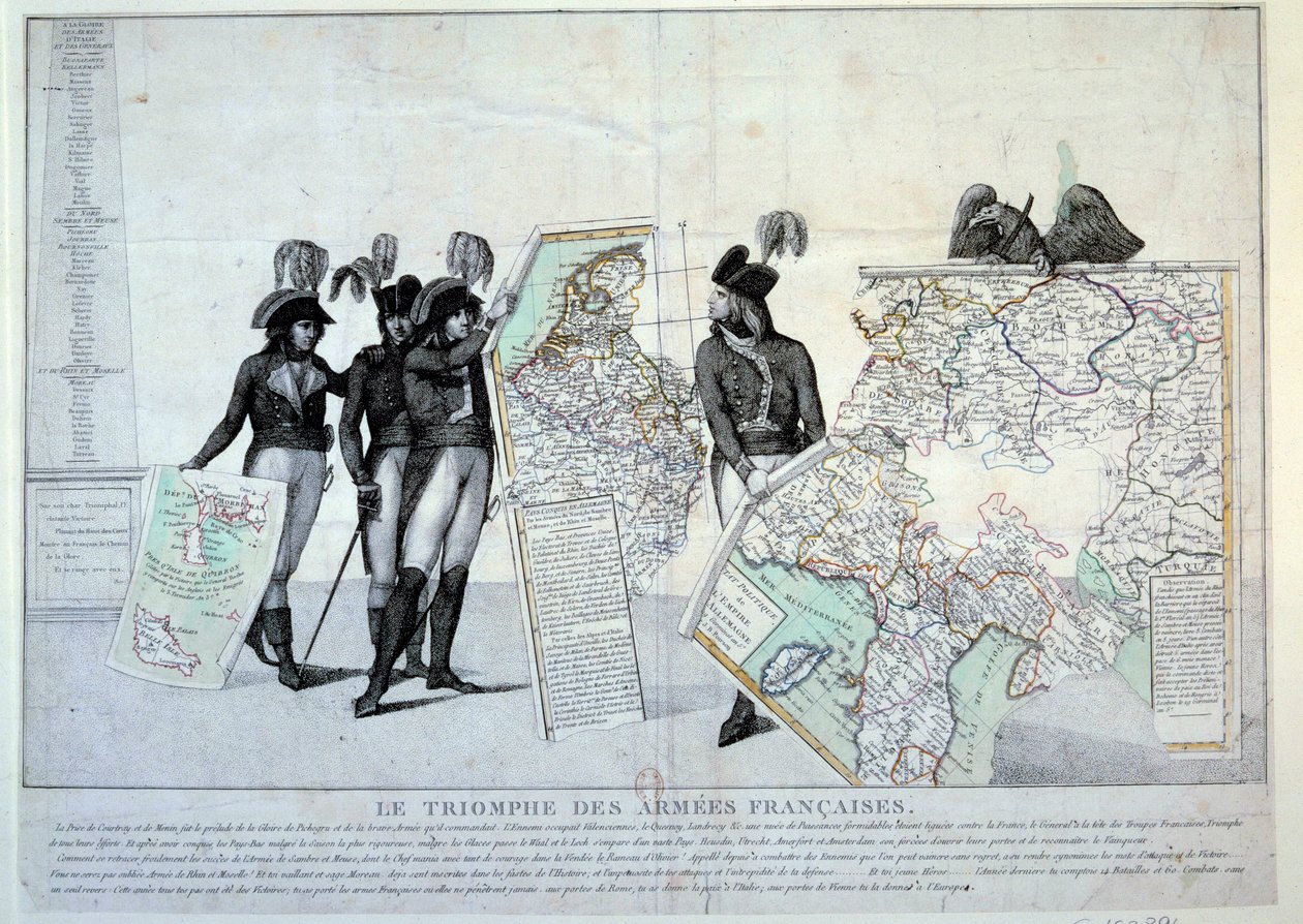 Kriege der Revolution: General Napoleon Bonaparte (1769-1821) hält eine Karte von Italien (zur Zeit des Italienfeldzugs), um das Puzzle der von Frankreich eroberten Gebiete zu vervollständigen. Links wahrscheinlich die Generäle Hoche, Pichegru und Jean Vic von French School