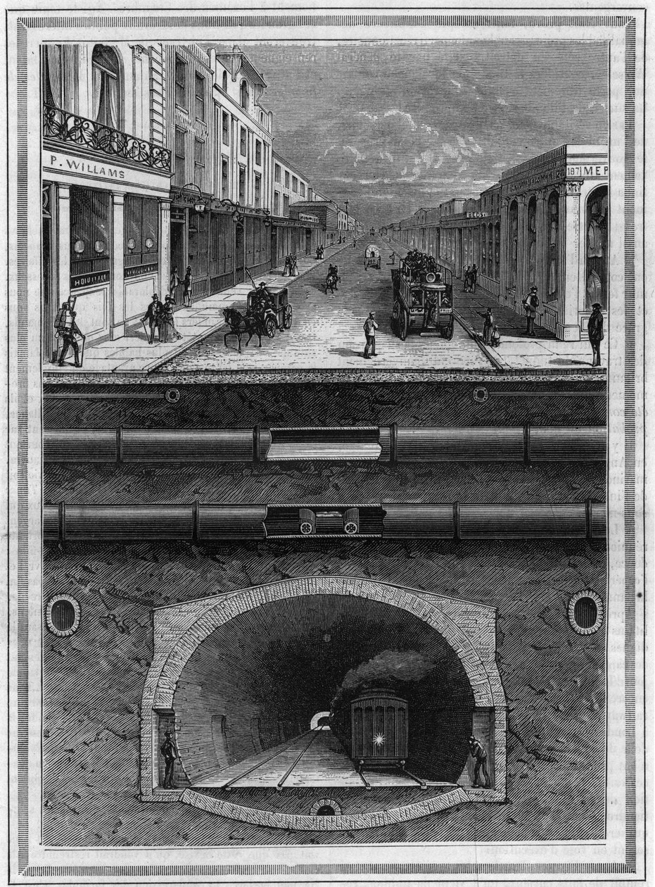 Was unter dem Pflaster von London (Großbritannien) liegt: Gasrohr, Wasserrohr, Pneumatikrohr für Abfälle, Abflüsse, Tunnel und Eisenbahnlinie für Metropolregionen. Gravur in „La Nature. Revue des sciences et de ses applications aux arts et à l