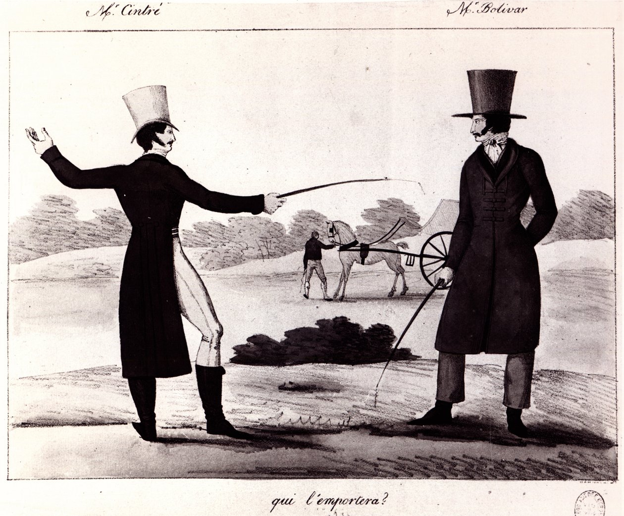 Wer wird gewinnen? Szene des Duells zwischen M. Cintre und M. Bolivar, ca. 1820 von French School