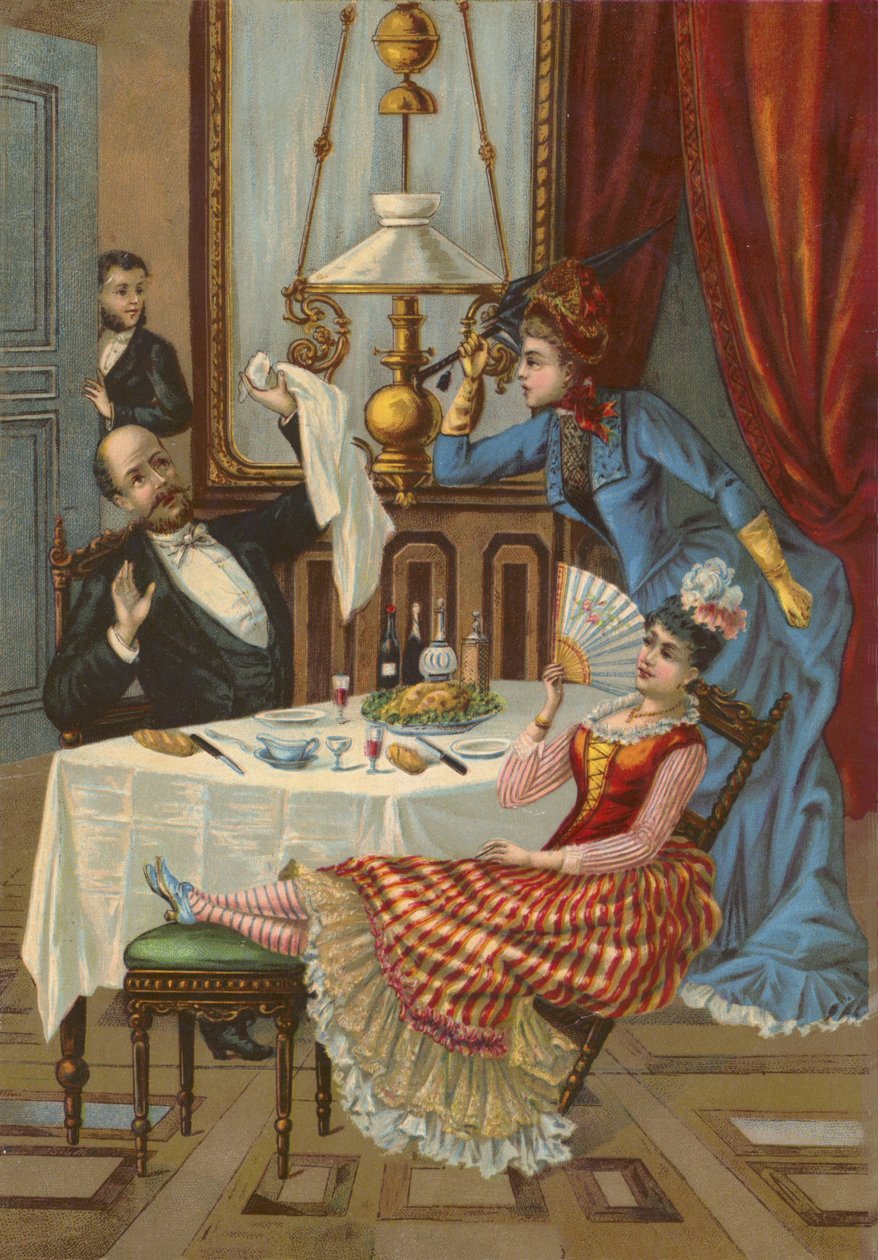 Ehefrau tadelt ihren Ehemann für das Abendessen mit seiner Geliebten von French School
