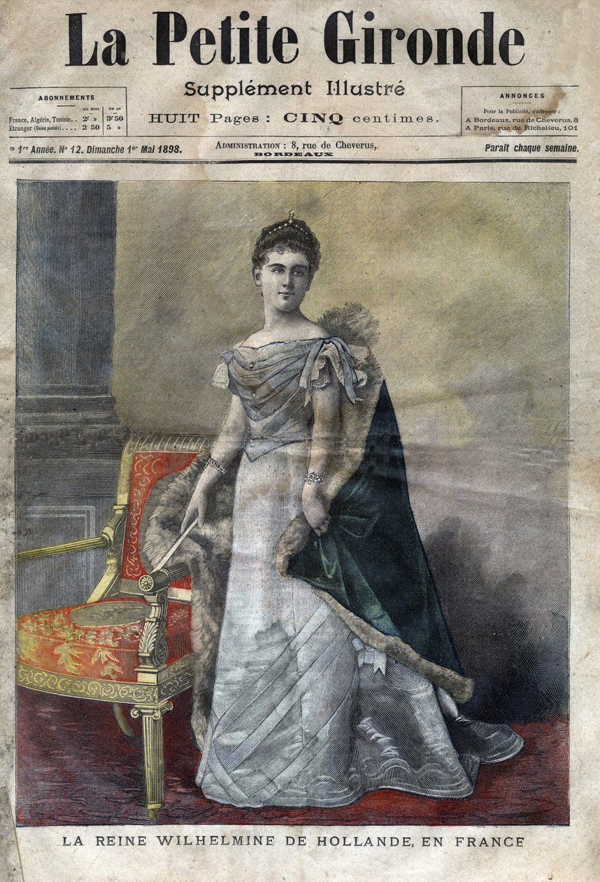 Wilhelmine von Oranien-Nassau (1880-1962), Königin der Niederlande von 1890 bis 1948, Tochter von Wilhelm III., sie dankte zugunsten ihrer Tochter Juliana ab. Titelblatt von „La petite Gironde“ vom Mai 1898 (Gravur). von French School