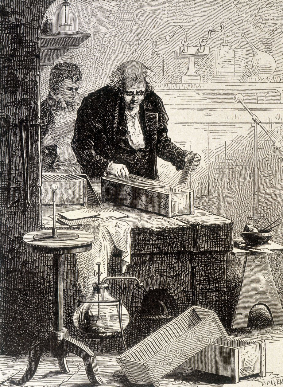 William Cruickshank baute den Trogstapel - im „Album der Wissenschaft; berühmte Gelehrte; Große Entdeckungen“ 1896. von French School
