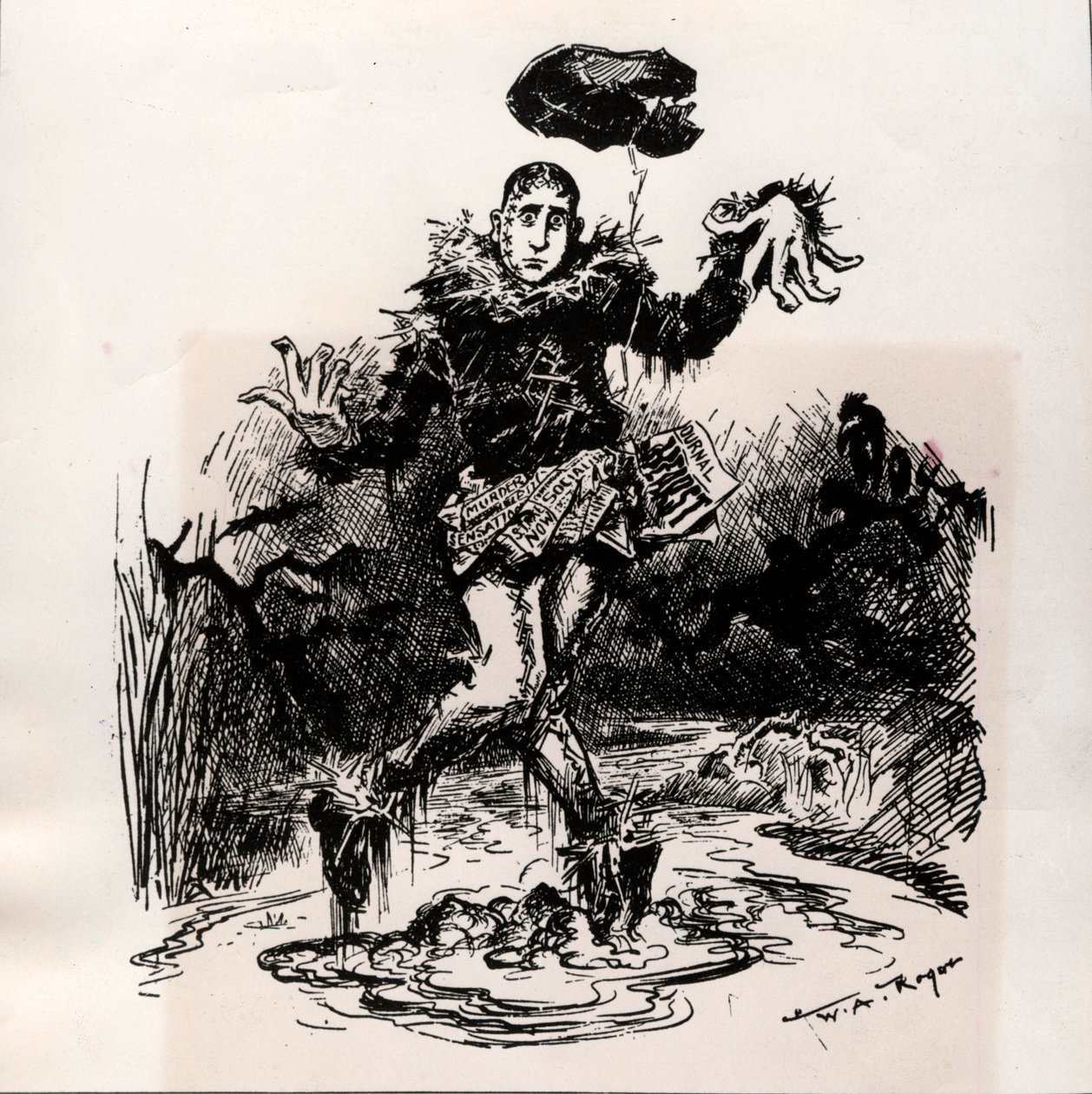 William Hearst, Pressejournalist mit Sensation, dargestellt als Vogelscheuche im Schlamm - Karikatur von Harper