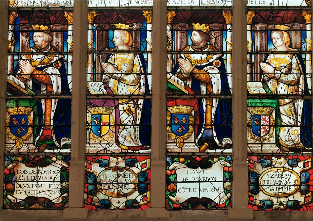 Fenster, das Louis de Bourbon (1376-1446) Comte de Vendome, Jeanne de Laval (gest. 1468) Jean II de Bourbon (1446-77) Comte de Vendome und Isabelle de Beauvau (gest. 1474) zeigt von French School