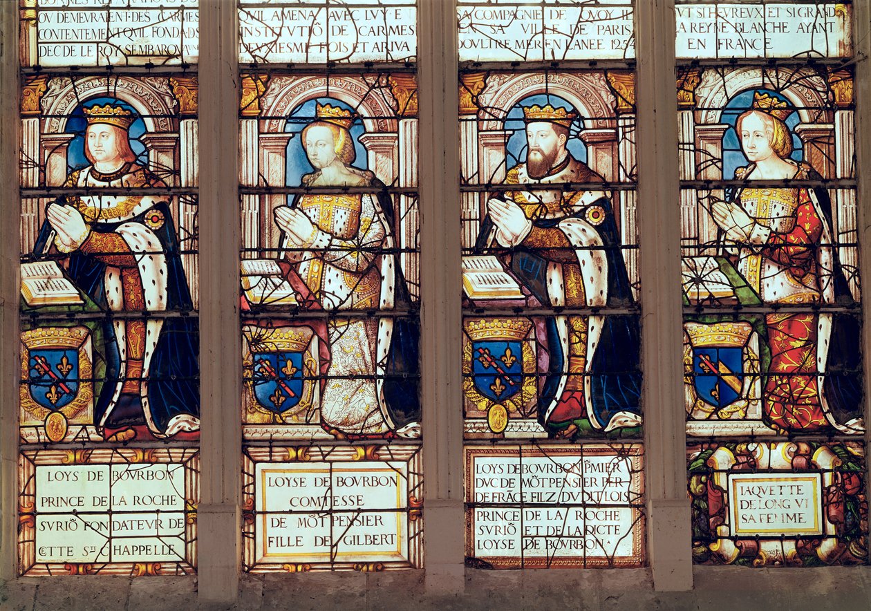Fenster, das Louis de Bourbon (1465-1520) Prinz de La Roche-sur-Yon, Louise de Bourbon (gest. 1561) Comtesse de Montpensier, Louis II de Bourbon (1513-82) Duc de Montpensier und Jacquette de Longwy zeigt von French School