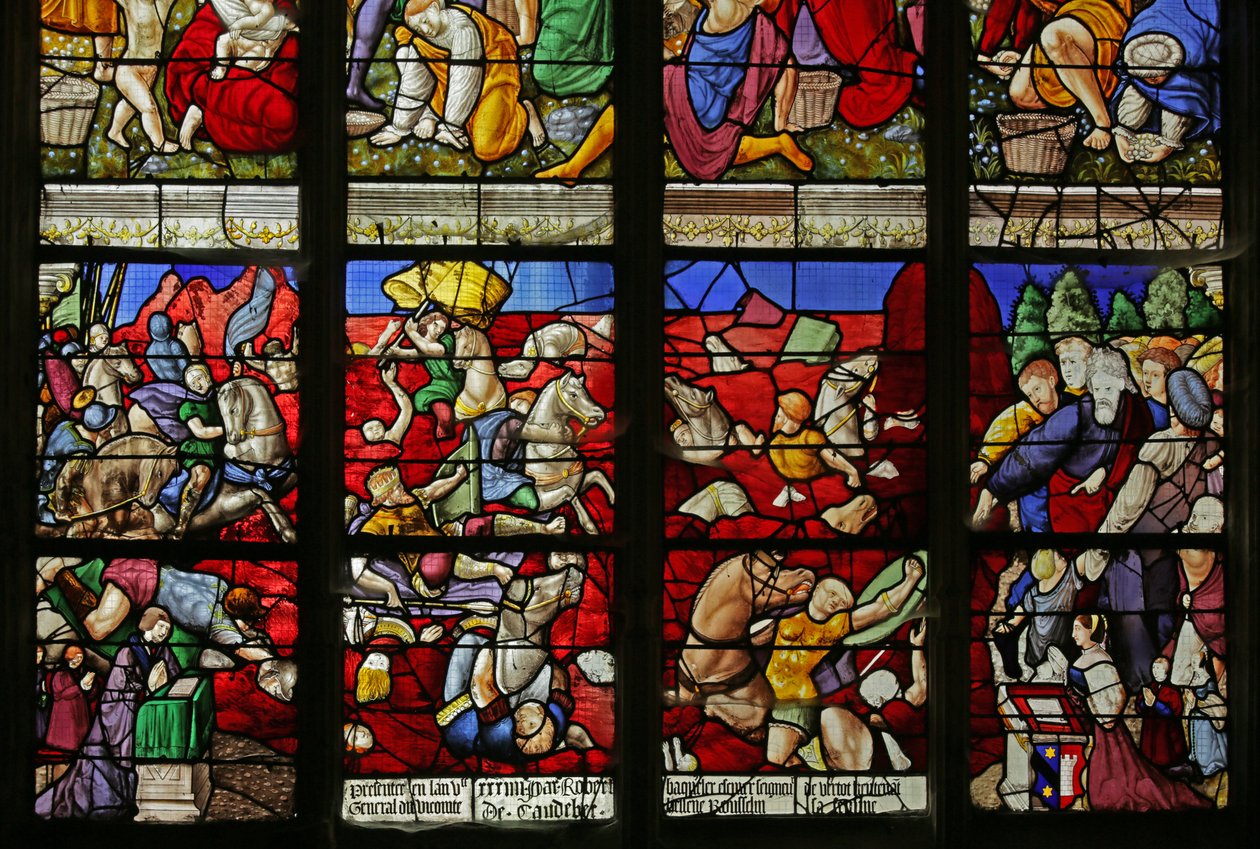 Fenster mit den Israeliten, die das Rote Meer überqueren und Pharaos Armee ertrinkt von French School