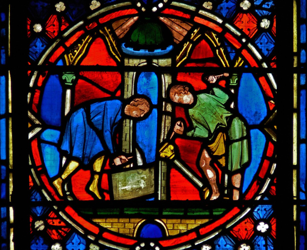 Fenster n2-C, den heiligen Austremoine beim Bau der Kirche in Issoire darstellend von French School