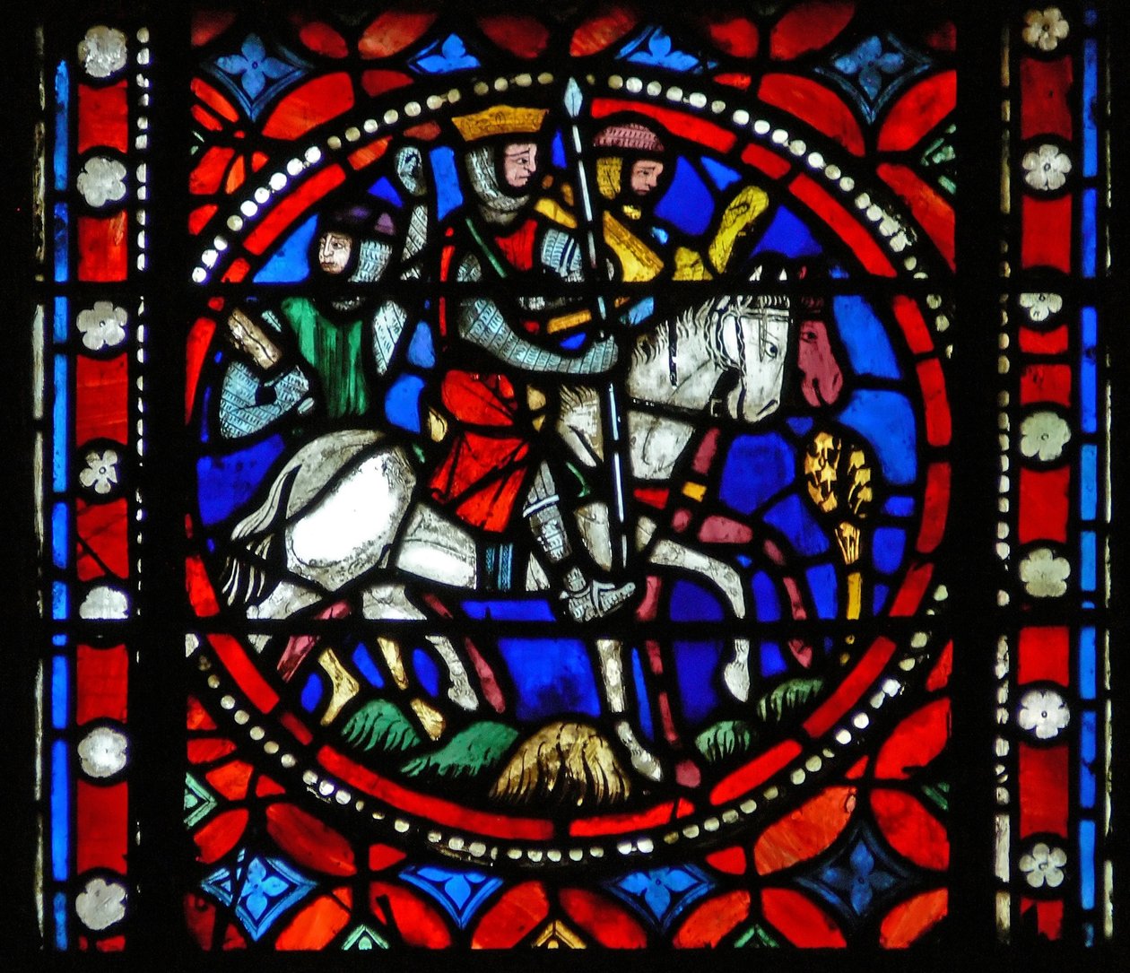 Fenster s1-R, eine Szene aus der Reise des heiligen Bonnet nach Rom darstellend; Ritter kehren aus der Schlacht zurück von French School