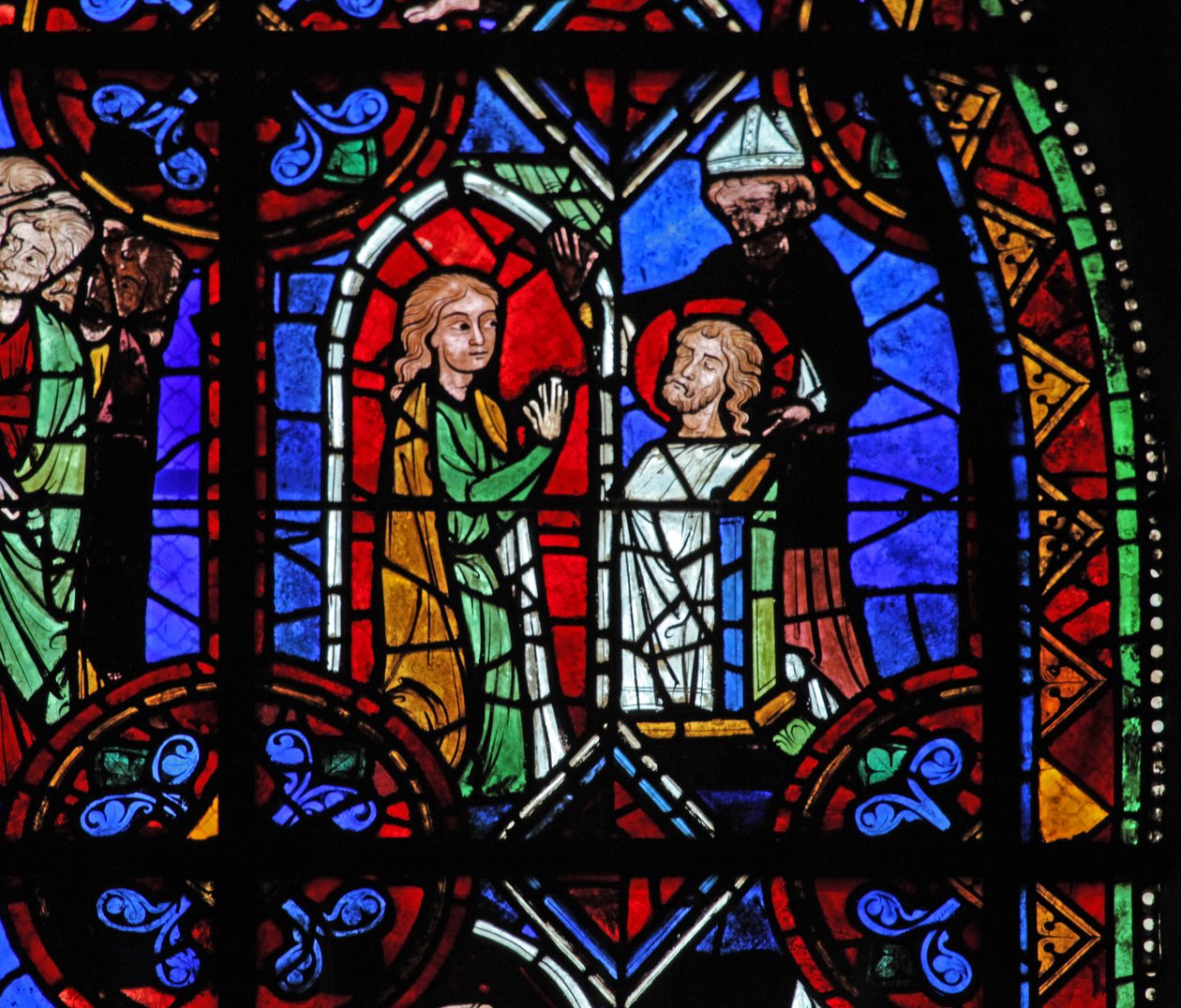 Fenster w06, Darstellung eines Pilgers vor der Reliquie des Heiligen Julian von Brioude von French School