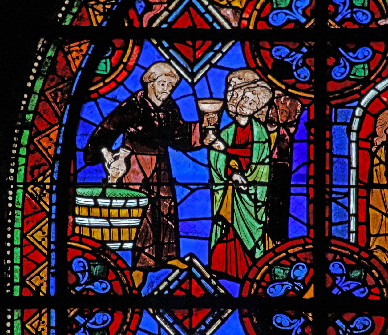 Fenster w06, Darstellung von Pilgern am Grab des Heiligen Julian von Brioude, wo Wein verteilt wird von French School