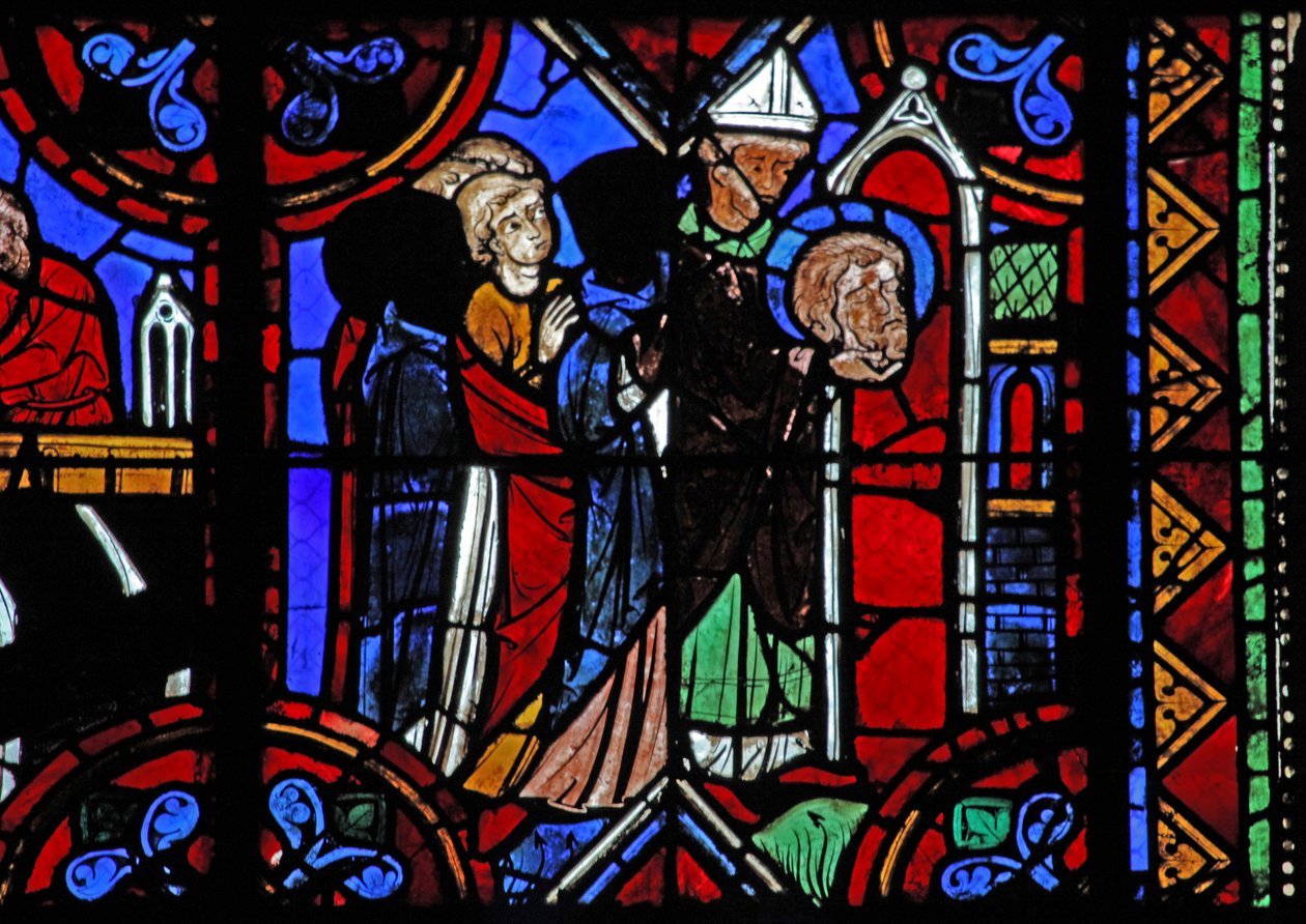 Fenster w06, Darstellung der Geschichte des Heiligen Julian von Brioude - der Tod des Heiligen Ferreol, ein Freund von Julian, der während der Diokletianischen Verfolgungen starb; seine Reliquien werden übertragen von French School