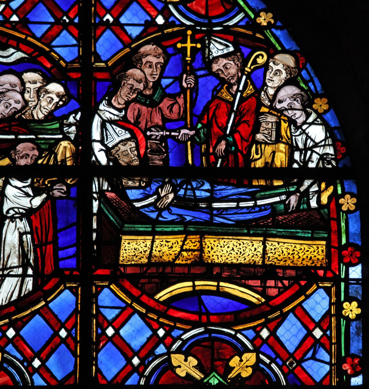 Fenster w08, die Beerdigung des Heiligen Martin darstellend von French School