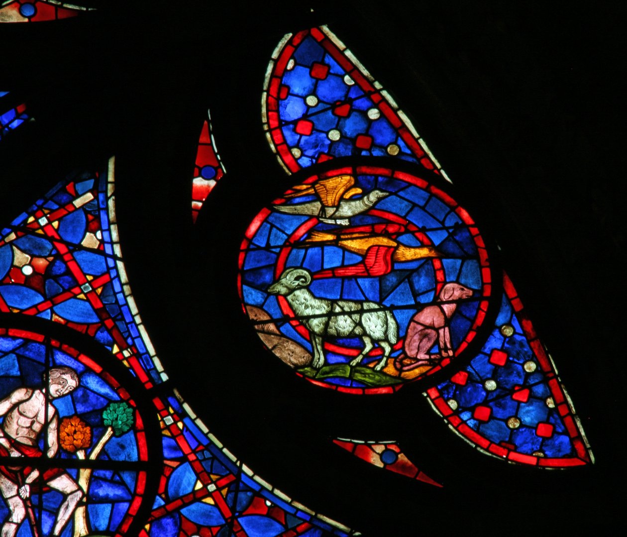Fenster w115, die Erschaffung der Vögel und Tiere darstellend von French School