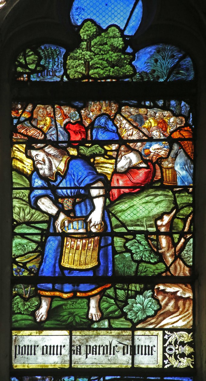 Fenster w12 mit Darstellung eines Details aus dem Wunder der Speisung der 5000 von French School