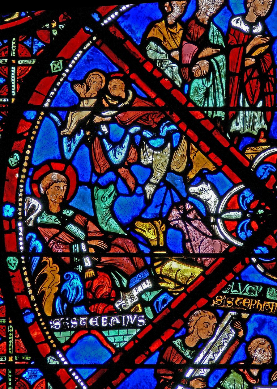 Fenster w15 Darstellung des toten Körpers des Heiligen Stephanus, der verlassen wird; Tiere werden von Vögeln abgehalten von French School