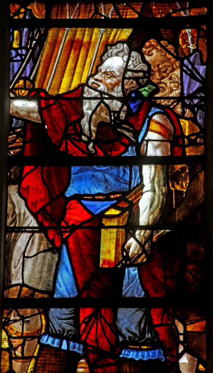 Fenster w16, Moses (Kopf modern) organisiert das Sammeln des Manna (einige Figuren sind Kopien von Michelangelo-Figuren) von French School
