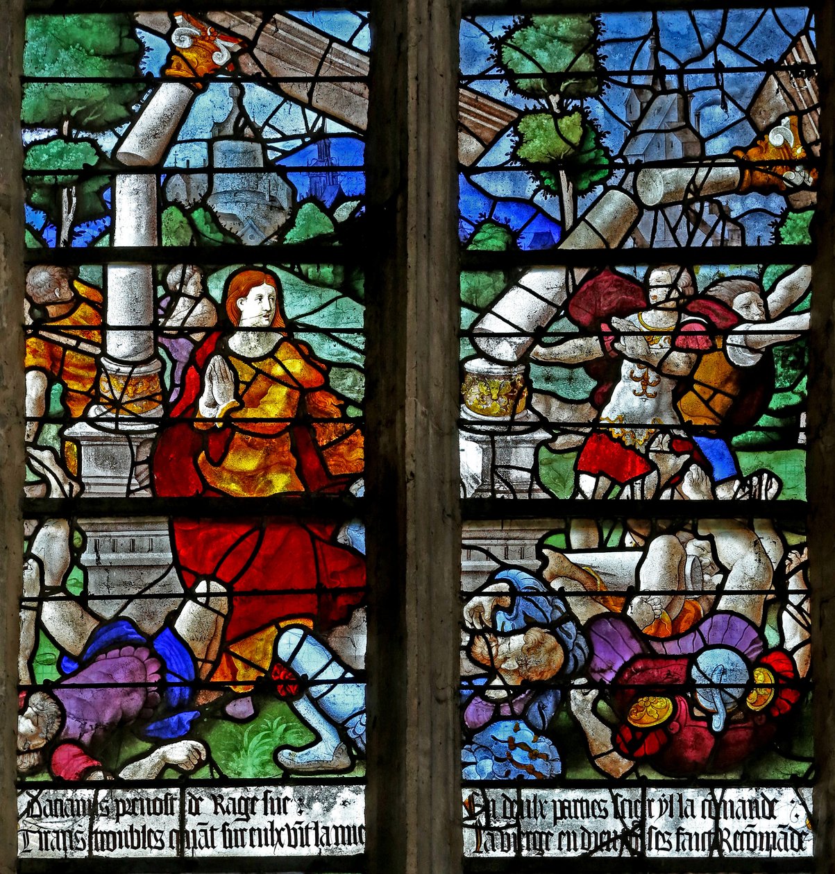 Fenster w1, der Palast stürzt ein, als sie versuchen, die Heilige Foy zu verhaften von French School