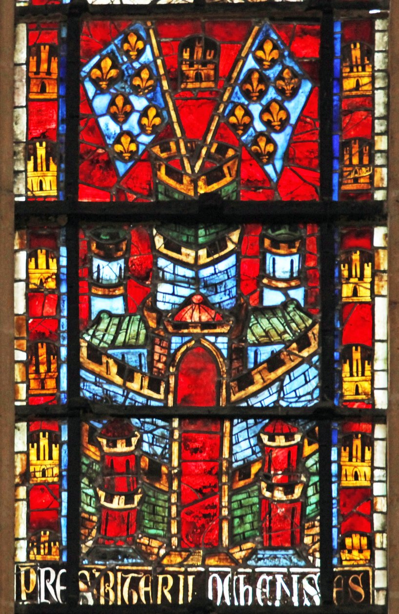 Fenster w205, eine Burg und Fahnen mit Lilien darstellend von French School