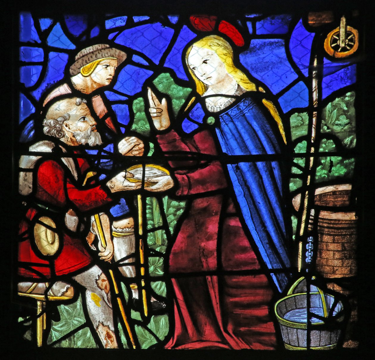 Fenster w24, das St. Genevieve, die einem Aussätzigen zu trinken gibt, darstellt von French School