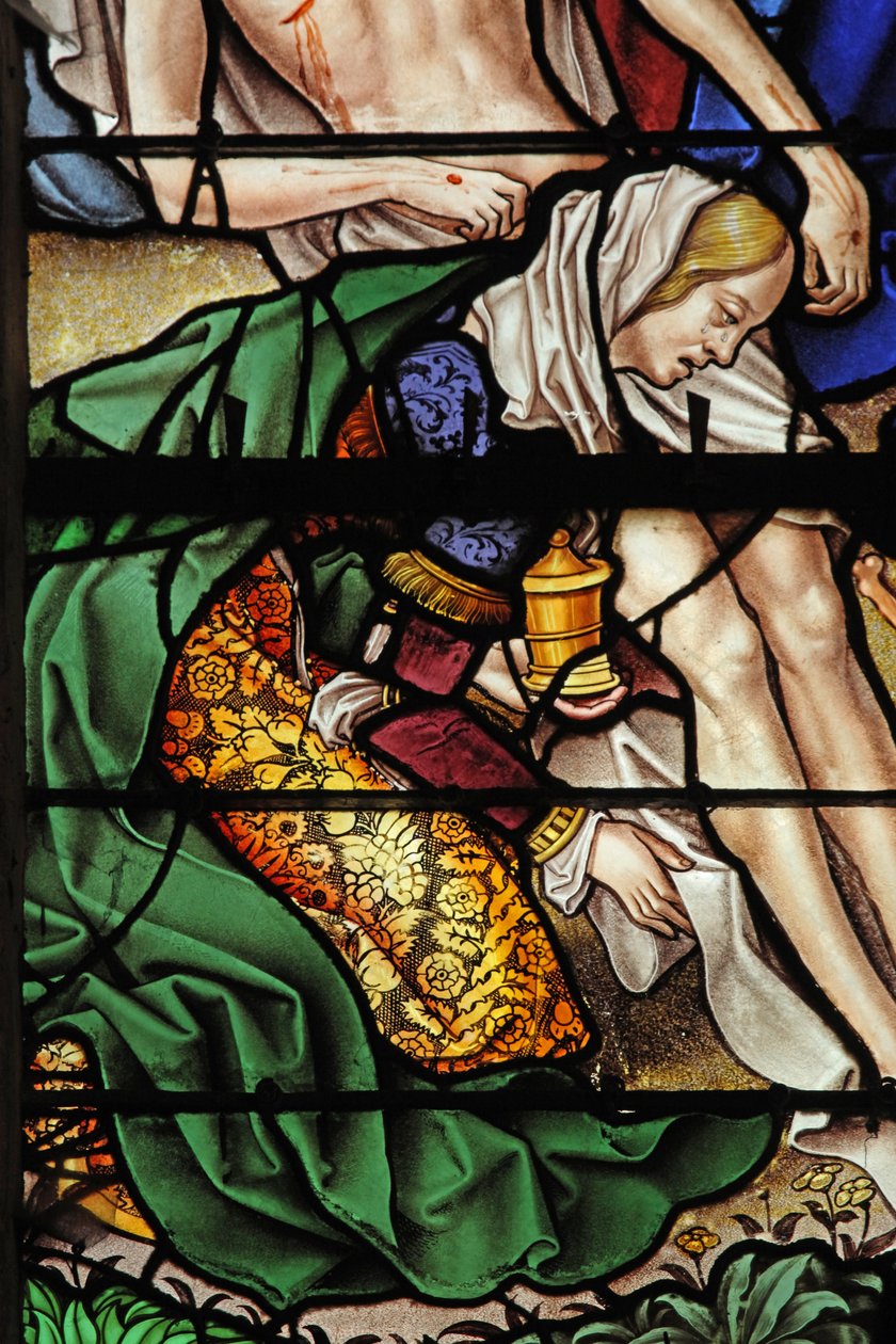 Fenster w4 mit einer Szene aus dem Leben der heiligen Maria Magdalena - die Heilige bei der Kreuzabnahme von French School
