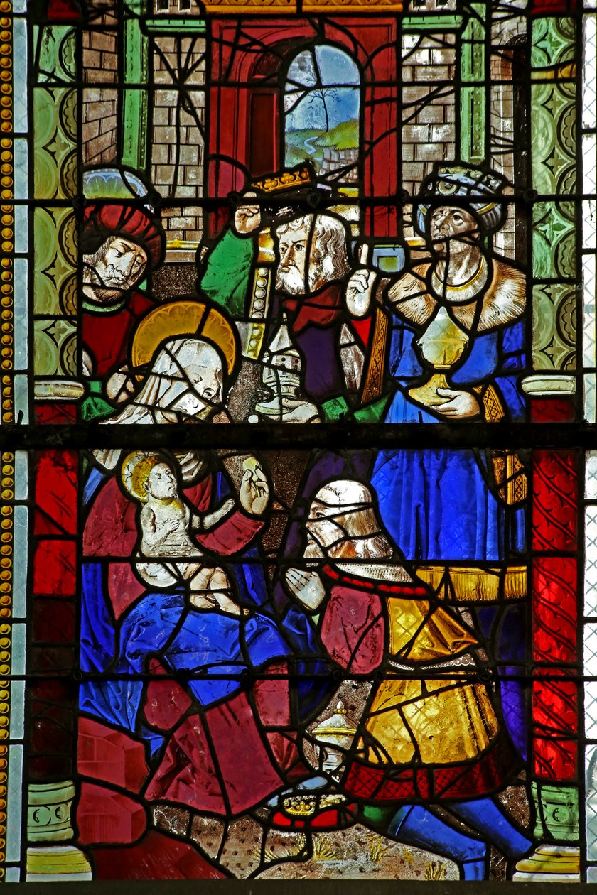 Fenster w4, das die Anbetung der Heiligen Drei Könige darstellt von French School
