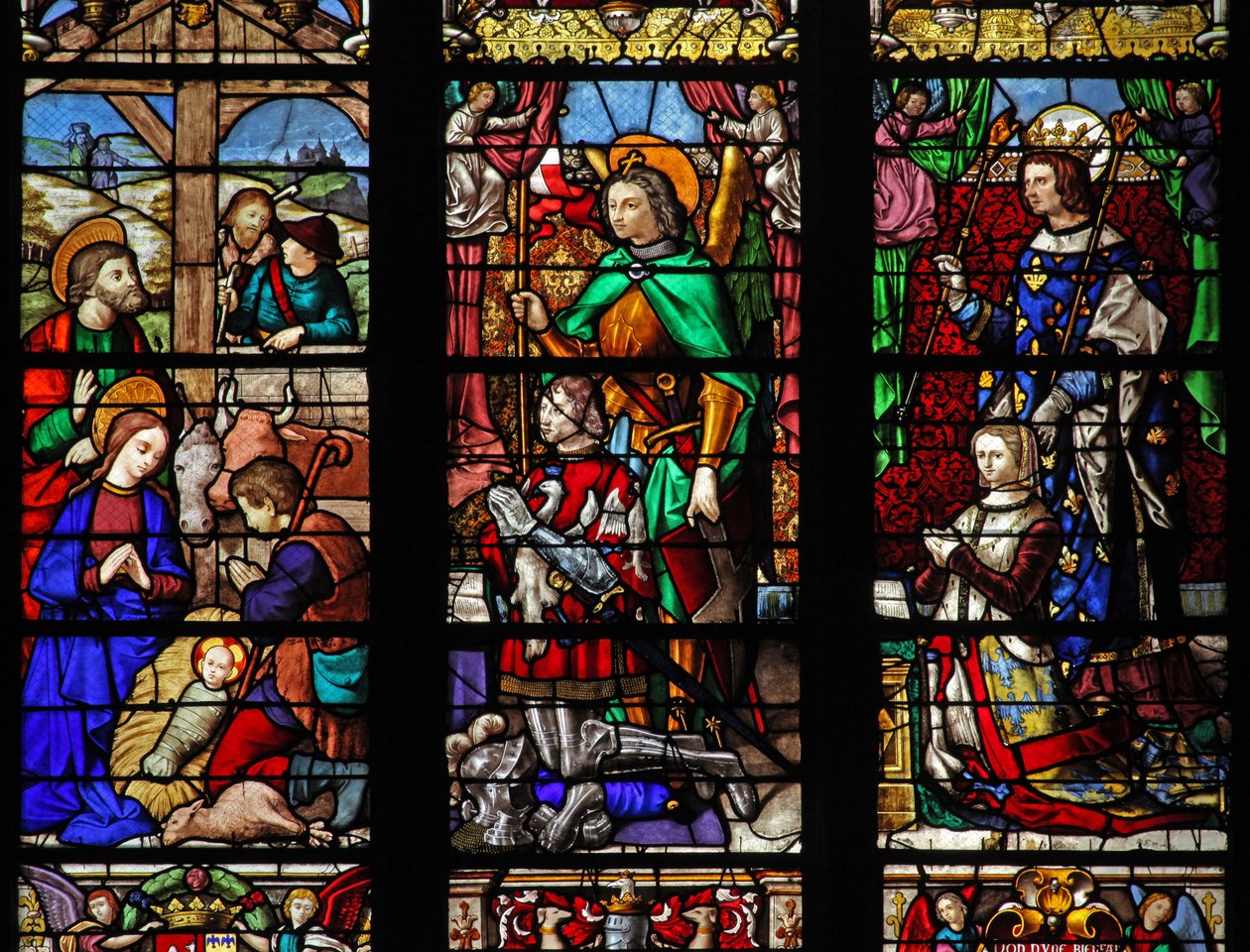 Fenster w6 mit der Geburt Christi und Hirten; Stifter und Schutzheilige von French School