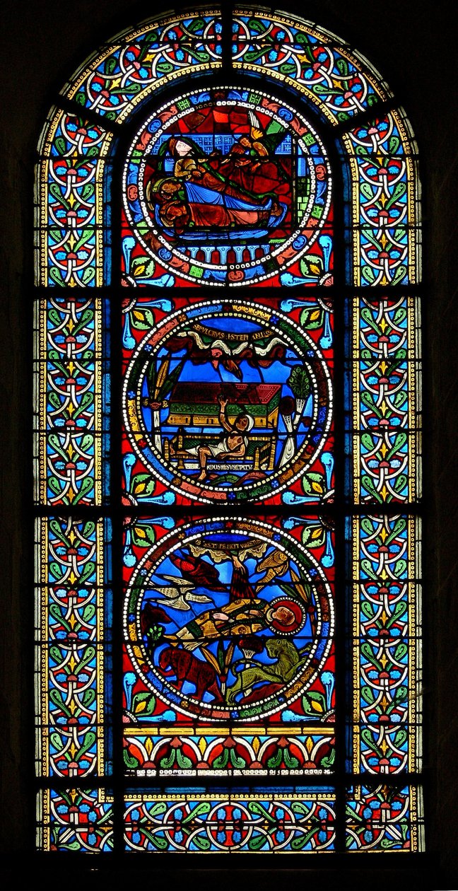 Fenster wXVII mit drei zusammengesetzten Tafeln: zwei im Zusammenhang mit Stephanus, die andere aus einer Geburtsszene von French School