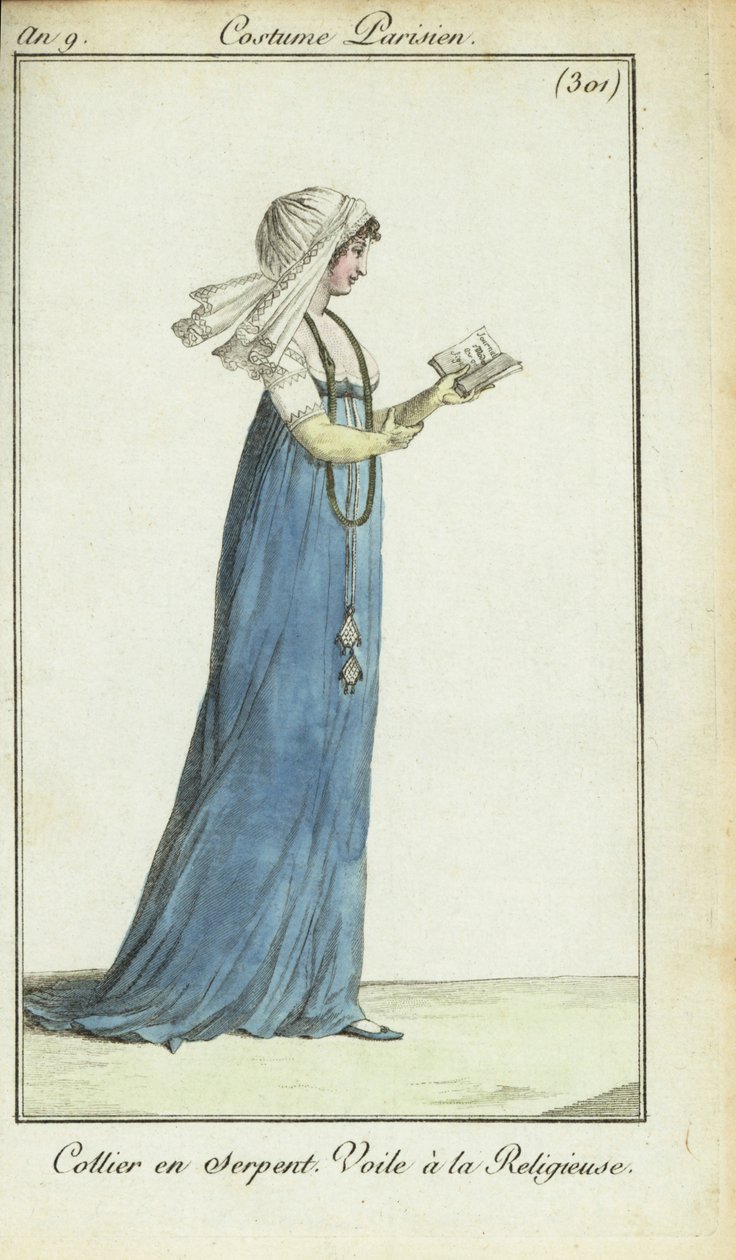 Frau im Nonnen-Schleier liest eine Modezeitschrift von French School