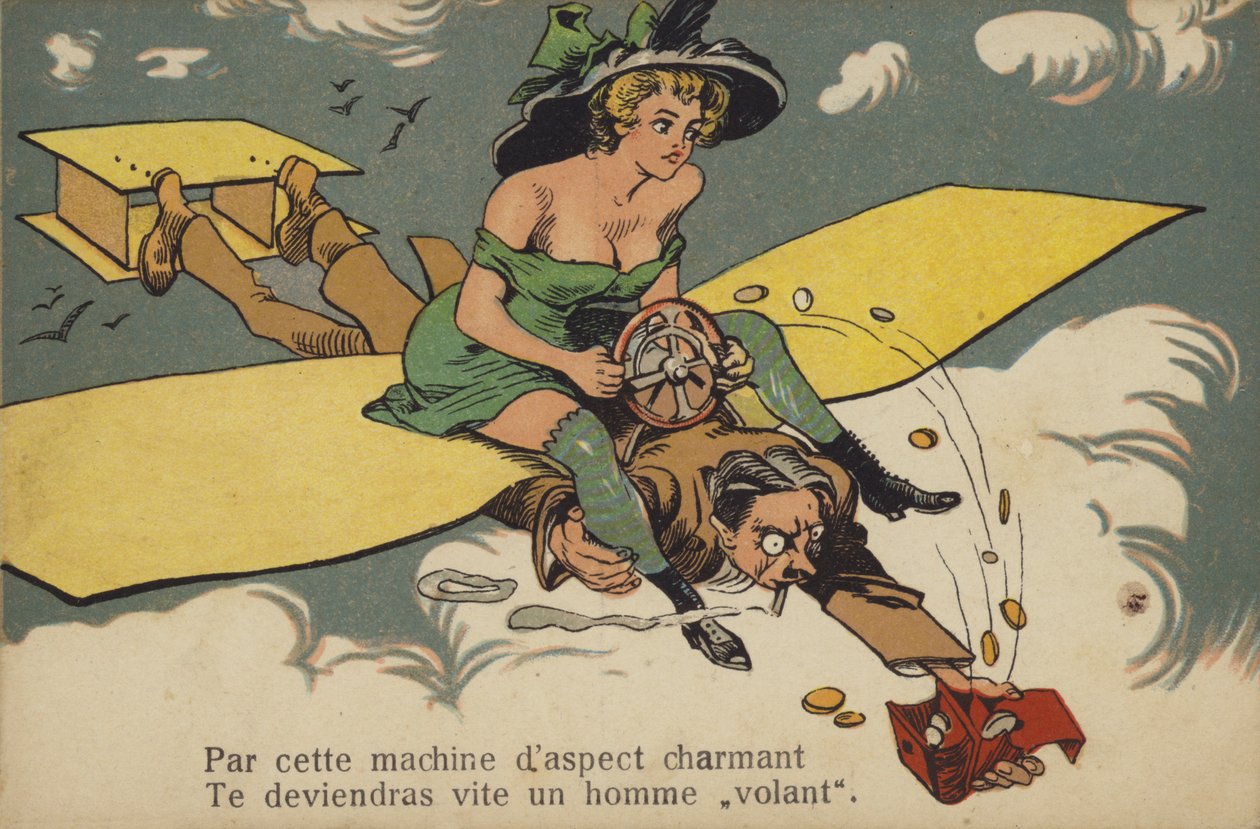 Frau mit halb freigelegter Brust reitet auf einem Mann/Flugzeug von French School