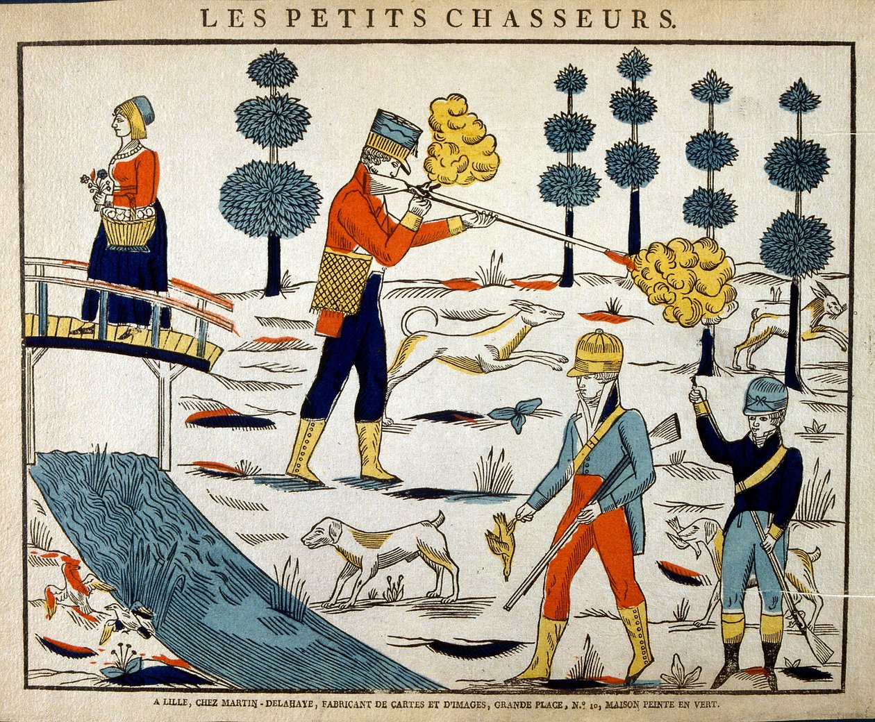 Holzschnitt-Illustration, die die französische Jagd im frühen 19. Jahrhundert darstellt von French School