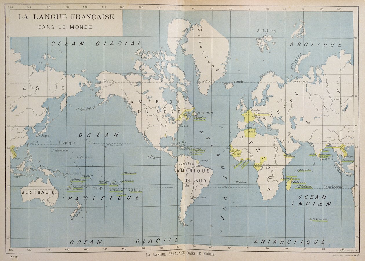 Weltkarte der französischsprachigen Länder, frühes 20. Jahrhundert von French School