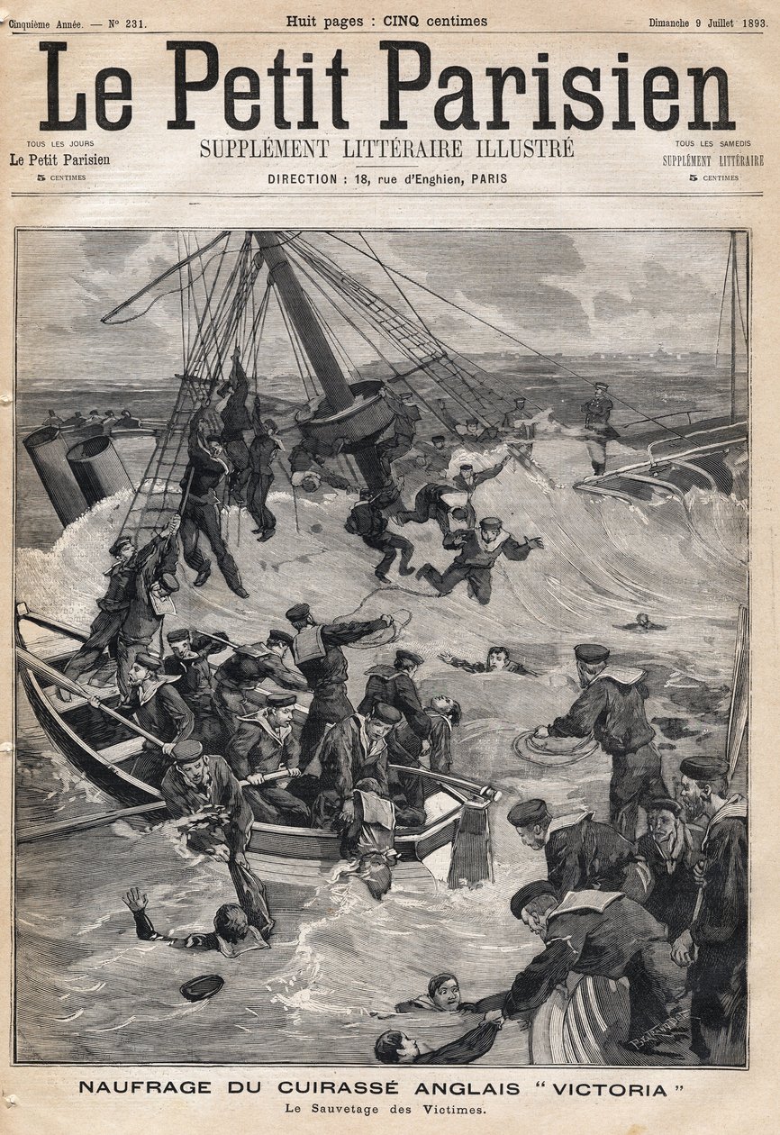 Wrack des englischen Panzerschiffs „Victoria“ nach einer Kollision an der Küste Syriens und Rettung der Opfer. In „Le Petit Parisien“ am 09.07.1893 (Gravur) von French School