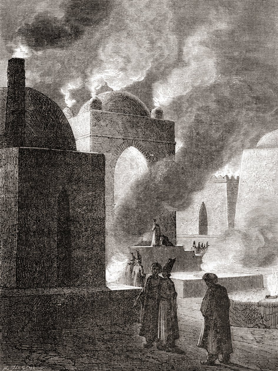 Zoroastrische Feueranbeter in einem Feuertempel in Baku, Aserbaidschan, aus 